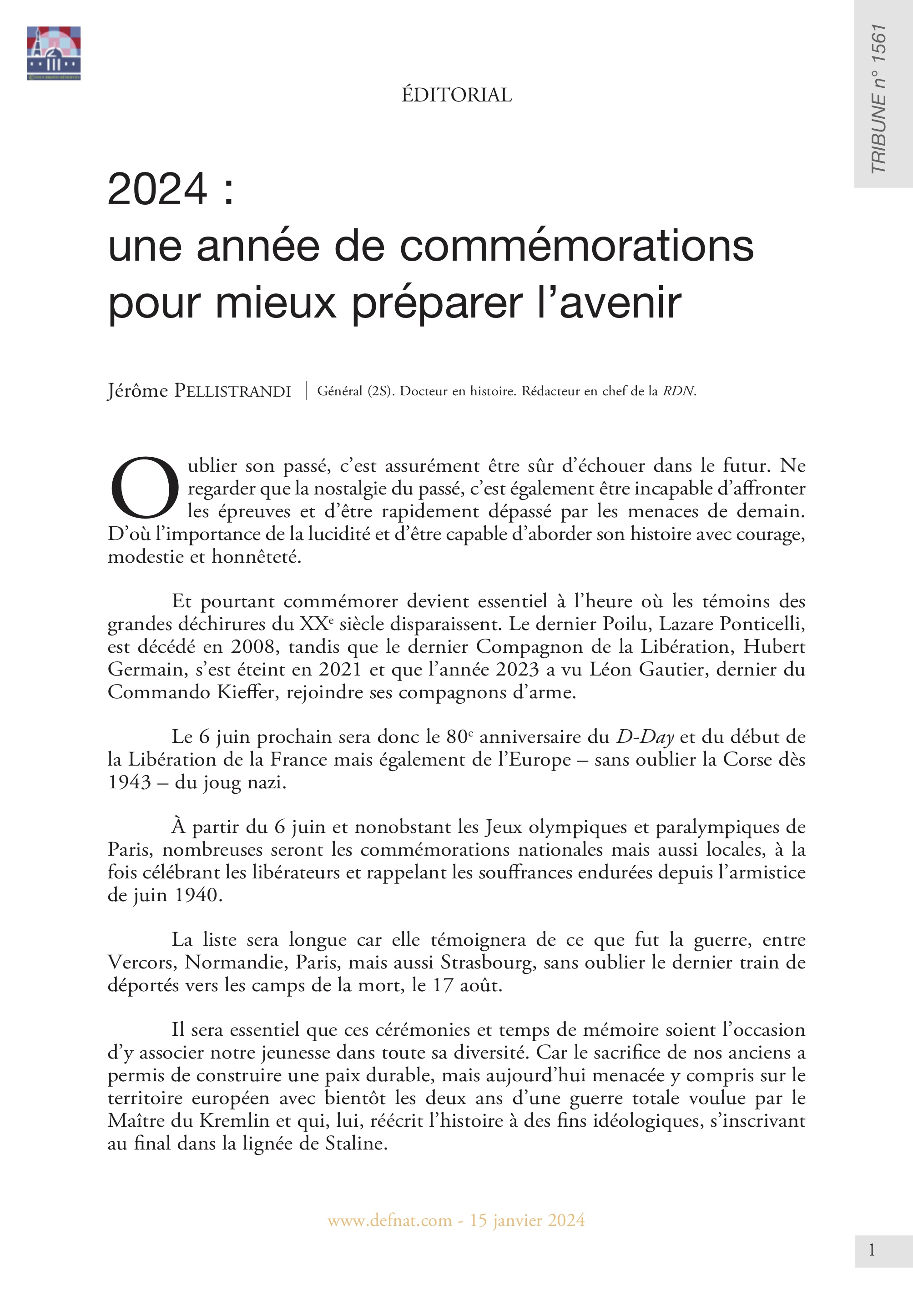 Éditorial – 2024 : une année de commémorations pour mieux préparer l’avenir (T 1561)
